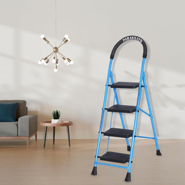 Parasnath GoUp 4 Step Foldable Steel Blue Step Ladder β Heavy-Duty and Lightweight Step Ladder with Anti-Skid Wide Plastic Steps, Safety Handle, High Reach Platform for Home, Kitchen, Office, Warehouse Use - 6 Year Manufacturer Warranty - Made in India - PARASNATH