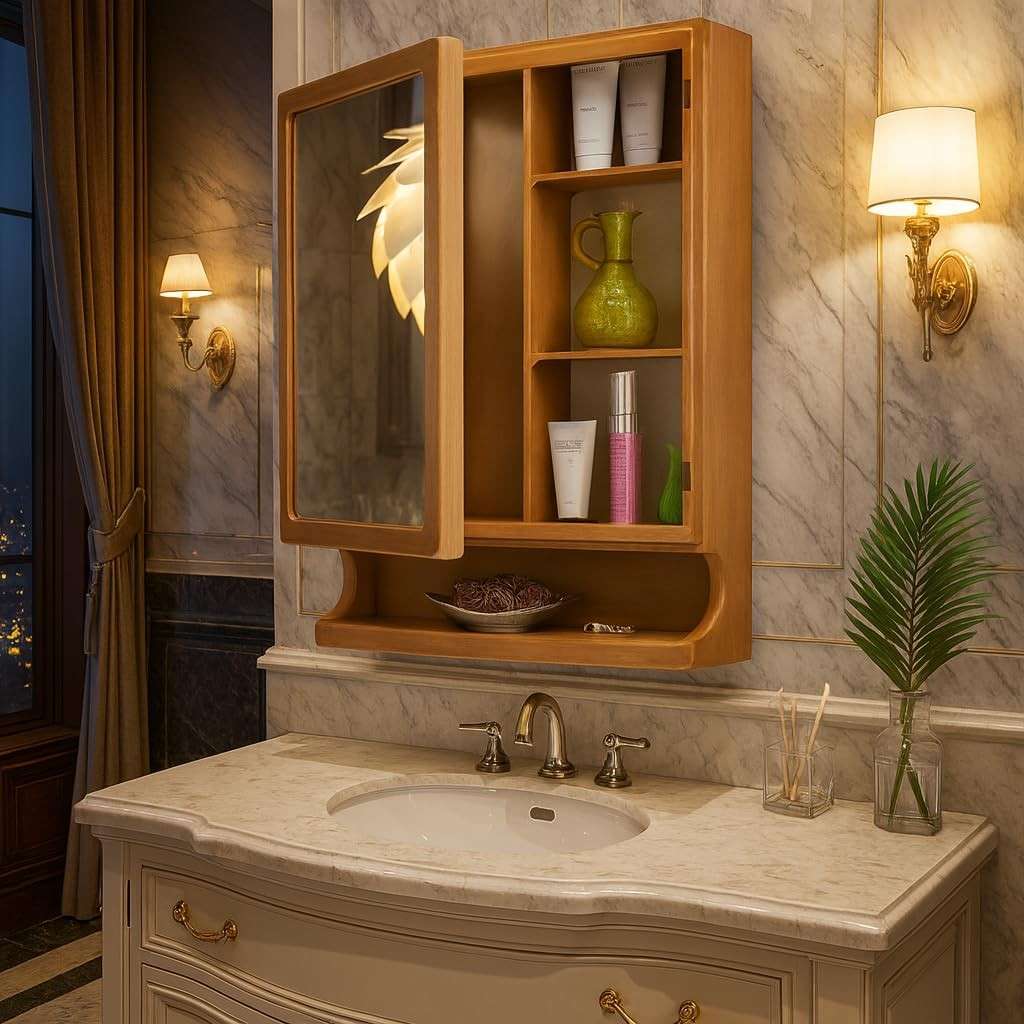 Parasnath New Look Nut Brown Bathroom Cabinet with Mirror – Heavy-Duty Wall-Mounted Storage Cabinet for Toiletries, Makeup & Essentials – Durable Plastic Body, Elegant Design – for Bathroom, Bedroom, Hallway & More (Made in India) - PARASNATH