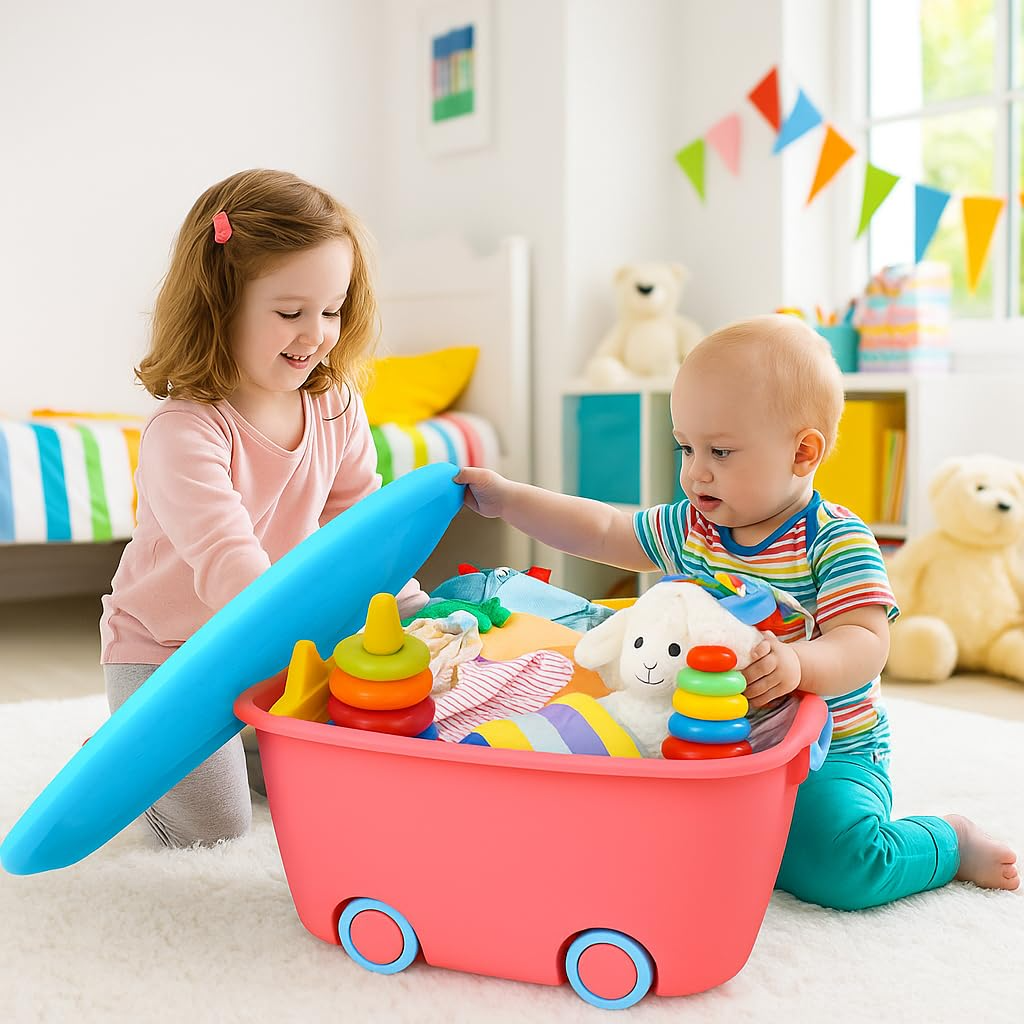 PARASNATH 45L Pink-Blue Rolling Storage Box with Wheels