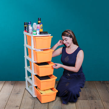 Boxo 5 Layer (Orange) Multi-Purpose Modular Drawer Storage System for Home and Office with Trolley Wheels and Anti-Slip Shoes - PARASNATH