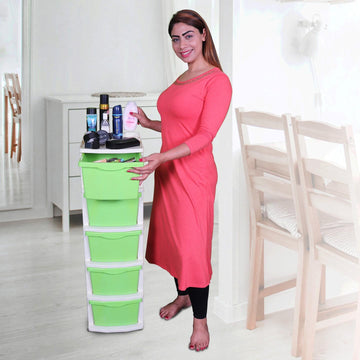 PARASNATH Boxo 5 Layer (Green) Multi-Purpose Modular Drawer Storage System for Home and Office with Trolley Wheels and Anti-Slip Shoes - PARASNATH