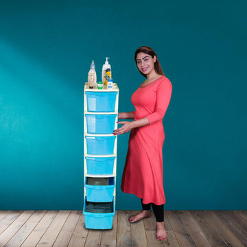 PARASNATH Boxo 6 Layer (Blue) Multi-Purpose Modular Drawer Storage System for Home and Office with Trolley Wheels and Anti-Slip Shoes - PARASNATH