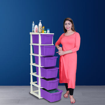 PARASNATH Boxo 6 Layer (Purple) Multi-Purpose Modular Drawer Storage System for Home and Office with Trolley Wheels and Anti-Slip Shoes - PARASNATH