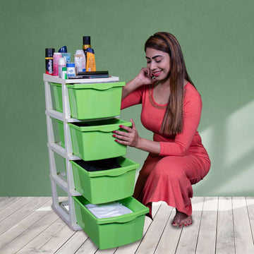 PARASNATH Boxo 4 Layer (Green) Multi-Purpose Modular Drawer Storage System for Home and Office with Trolley Wheels and Anti-Slip Shoes - PARASNATH