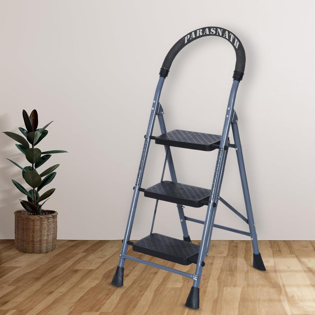 Parasnath GoUp 3 Step Foldable Steel Grey Step Ladder – Heavy-Duty and Lightweight Step Ladder with Anti-Skid Wide Plastic Steps, Safety Handle, High Reach Platform for Home, Kitchen, Office, Warehouse Use - 6 Year Manufacturer Warranty - Made in India - PARASNATH