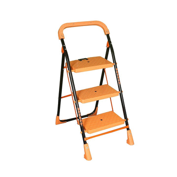 Parasnath Kohinoor 3 Step Heavy-Duty Folding Ladder – Strong Alloy Steel Step Ladder with Wide Anti-Slip Steps, 3.2 Ft Height, Rust-Resistant, Space-Saving Design for Home, Kitchen, Office & Shop Use – Made in India (Orange) - PARASNATH