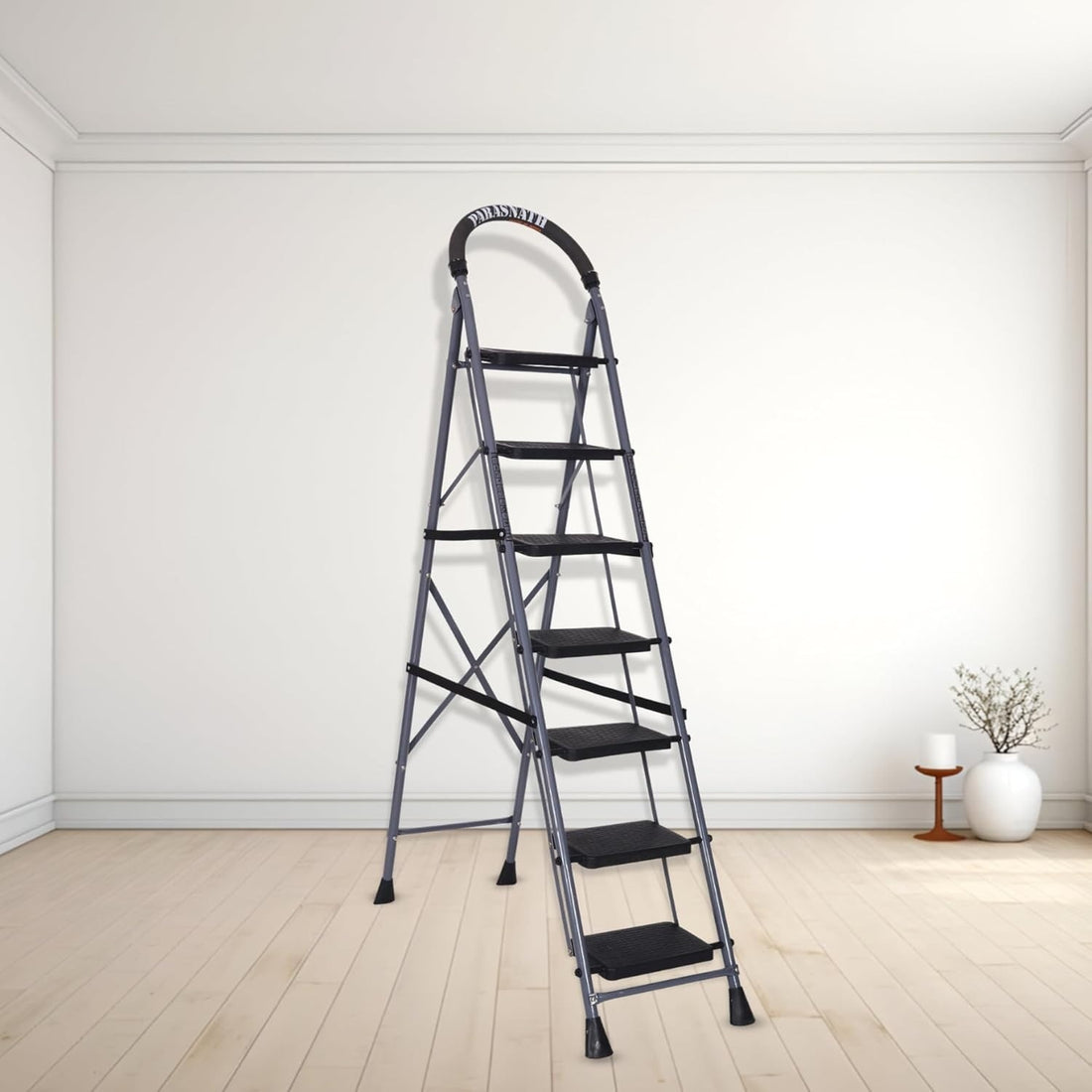 Parasnath GoUp 7 Step Foldable Steel Grey Step Ladder – Heavy-Duty and Lightweight Step Ladder with Anti-Skid Wide Plastic Steps, Safety Handle, High Reach Platform for Home, Kitchen, Office, Warehouse Use - 6 Year Manufacturer Warranty - Made in India - PARASNATH