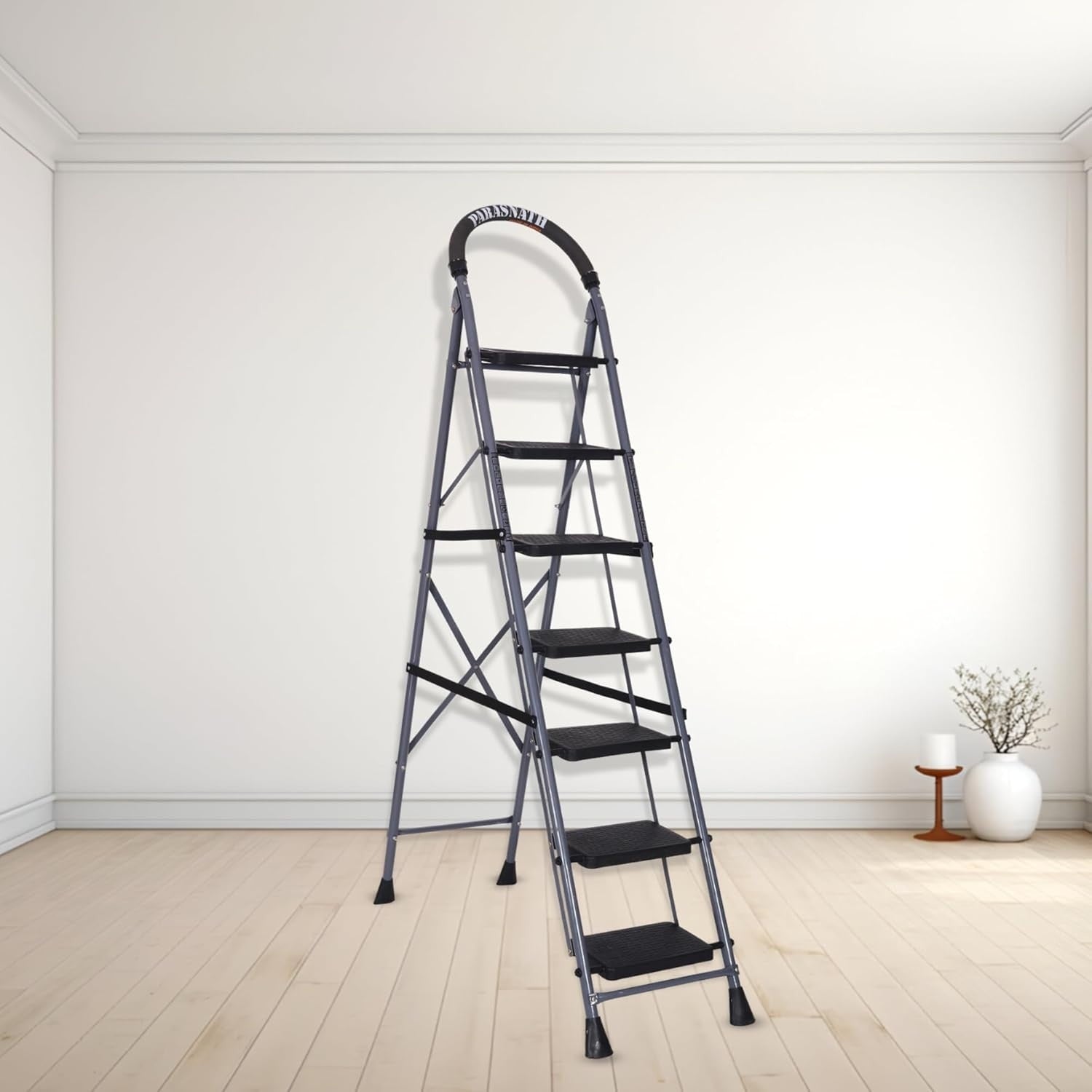 Parasnath GoUp 7 Step Foldable Steel Grey Step Ladder – Heavy-Duty and Lightweight Step Ladder with Anti-Skid Wide Plastic Steps, Safety Handle, High Reach Platform for Home, Kitchen, Office, Warehouse Use - 6 Year Manufacturer Warranty - Made in India - PARASNATH