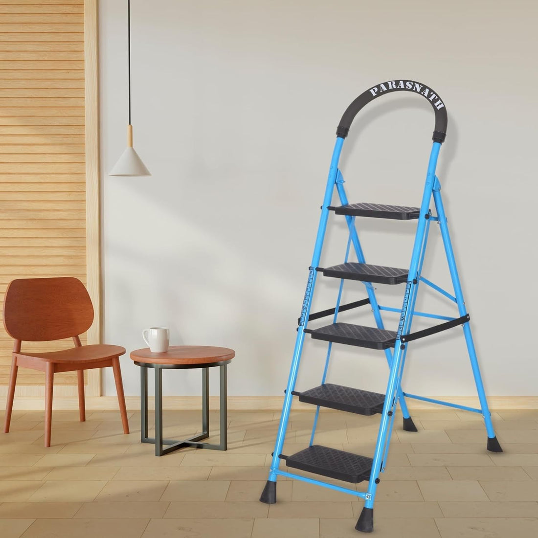 Parasnath GoUp 5 Step Foldable Steel Blue Step Ladder – Heavy-Duty and Lightweight Step Ladder with Anti-Skid Wide Plastic Steps, Safety Handle, High Reach Platform for Home, Kitchen, Office, Warehouse Use - 6 Year Manufacturer Warranty - Made in India - PARASNATH