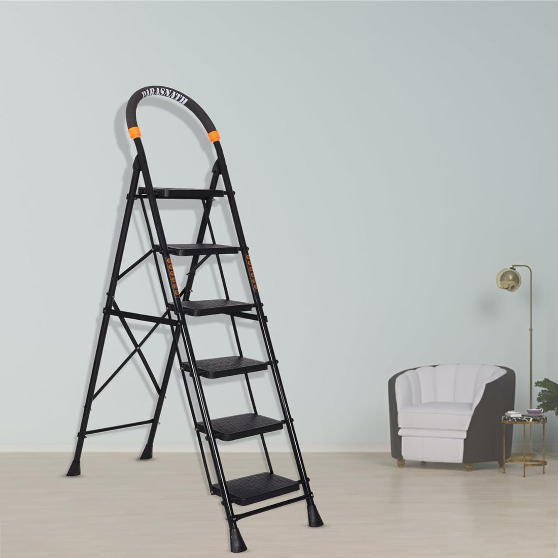 Parasnath GoUp 6 Step Foldable Steel Black Step Ladder – Heavy-Duty and Lightweight Step Ladder with Anti-Skid Wide Plastic Steps, Safety Handle, High Reach Platform for Home, Kitchen, Office, Warehouse Use - 6 Year Manufacturer Warranty - Made in India - PARASNATH