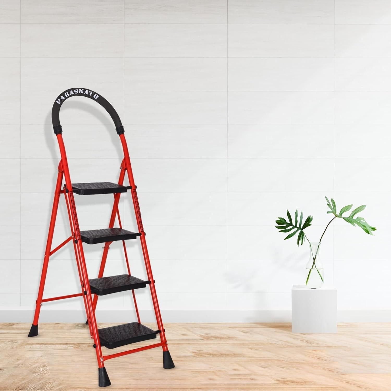 Parasnath GoUp 4 Step Foldable Steel Red Step Ladder – Heavy-Duty and Lightweight Step Ladder with Anti-Skid Wide Plastic Steps, Safety Handle, High Reach Platform for Home, Kitchen, Office, Warehouse Use - 6 Year Manufacturer Warranty - Made in India - PARASNATH