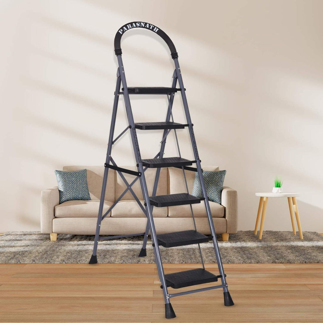 Parasnath GoUp 6 Step Foldable Steel Grey Step Ladder – Heavy-Duty and Lightweight Step Ladder with Anti-Skid Wide Plastic Steps, Safety Handle, High Reach Platform for Home, Kitchen, Office, Warehouse Use - 6 Year Manufacturer Warranty - Made in India - PARASNATH