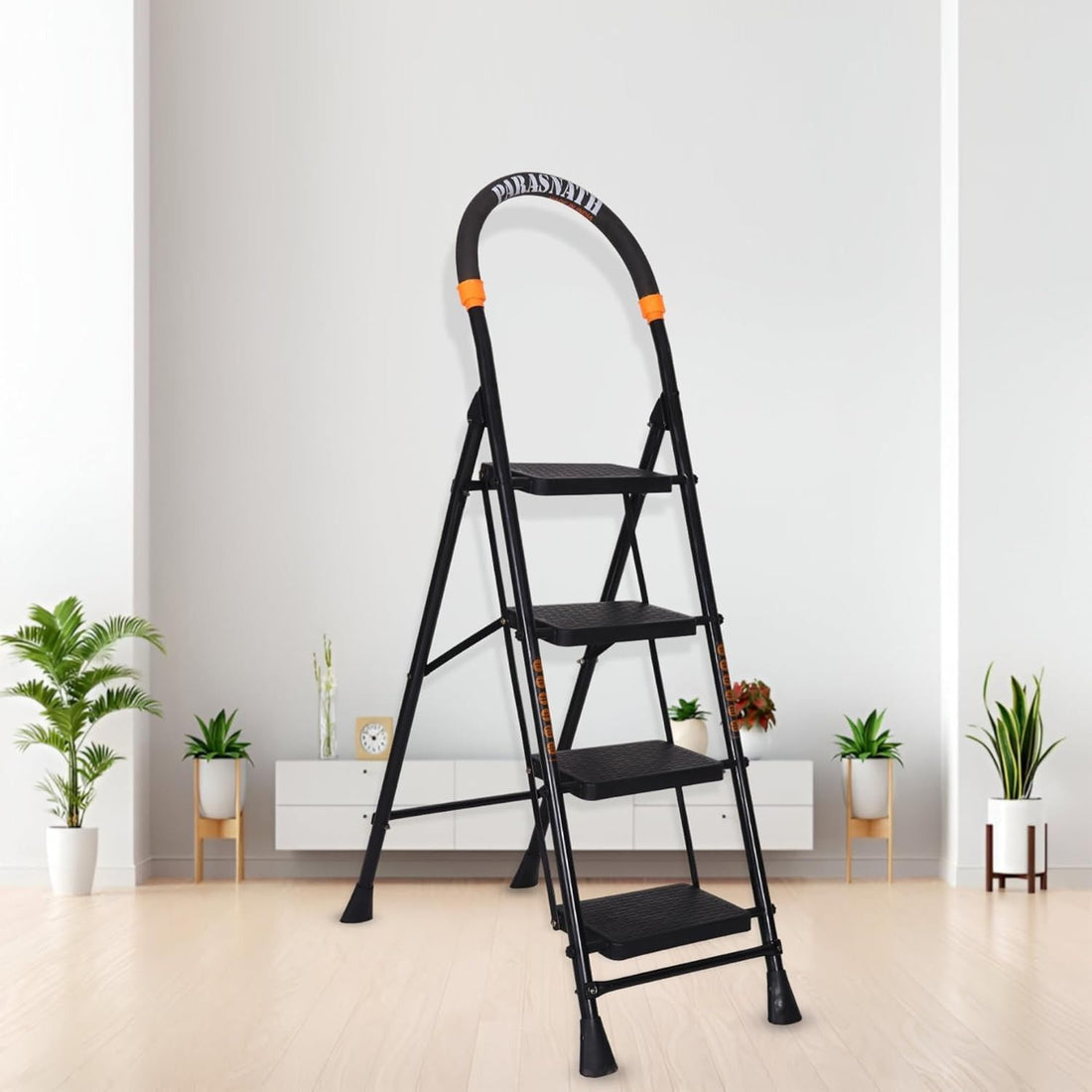 Parasnath GoUp 4 Step Foldable Steel Black Step Ladder – Heavy-Duty and Lightweight Step Ladder with Anti-Skid Wide Plastic Steps, Safety Handle, High Reach Platform for Home, Kitchen, Office, Warehouse Use - 6 Year Manufacturer Warranty - Made in India - PARASNATH