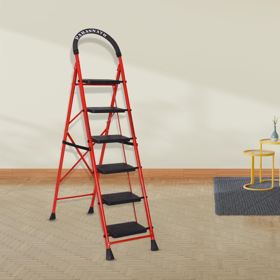 Parasnath GoUp 6 Step Foldable Steel Red Step Ladder – Heavy-Duty and Lightweight Step Ladder with Anti-Skid Wide Plastic Steps, Safety Handle, High Reach Platform for Home, Kitchen, Office, Warehouse Use - 6 Year Manufacturer Warranty - Made in India - PARASNATH