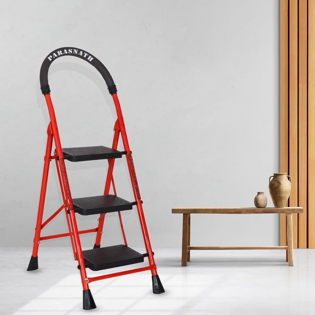 Parasnath GoUp 3 Step Foldable Steel Red Step Ladder – Heavy-Duty and Lightweight Step Ladder with Anti-Skid Wide Plastic Steps, Safety Handle, High Reach Platform for Home, Kitchen, Office, Warehouse Use - 6 Year Manufacturer Warranty - Made in India - PARASNATH