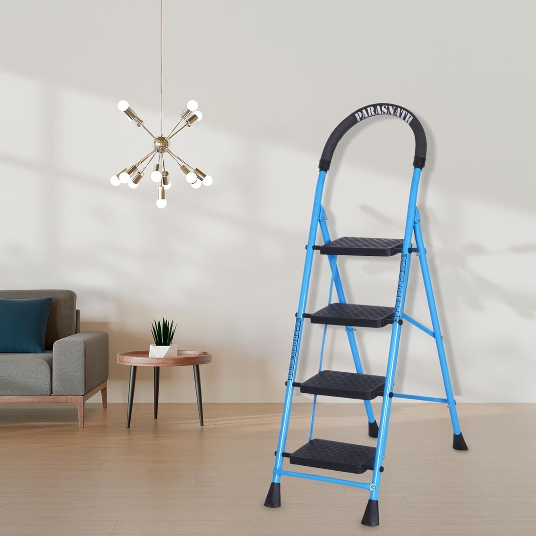 Parasnath GoUp 4 Step Foldable Steel Blue Step Ladder – Heavy-Duty and Lightweight Step Ladder with Anti-Skid Wide Plastic Steps, Safety Handle, High Reach Platform for Home, Kitchen, Office, Warehouse Use - 6 Year Manufacturer Warranty - Made in India - PARASNATH