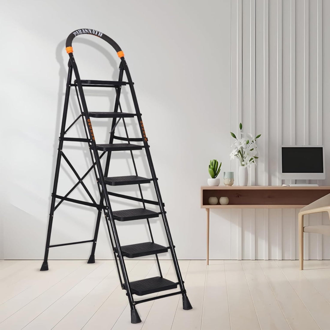 Parasnath GoUp 7 Step Foldable Steel Black Step Ladder – Heavy-Duty and Lightweight Step Ladder with Anti-Skid Wide Plastic Steps, Safety Handle, High Reach Platform for Home, Kitchen, Office, Warehouse Use - 6 Year Manufacturer Warranty - Made in India - PARASNATH