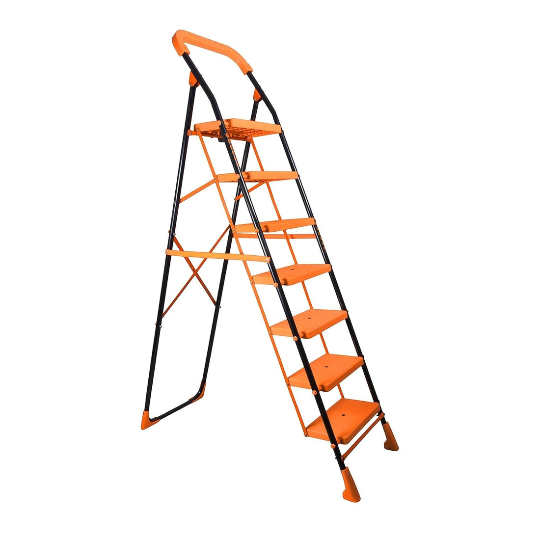 Parasnath Kohinoor 7 Step Heavy-Duty Folding Ladder – Strong Alloy Steel Step Ladder with Wide Anti-Slip Steps, 7.3 Ft Height, Rust-Resistant, Space-Saving Design for Home, Kitchen, Office & Shop Use – Made in India (Orange) - PARASNATH