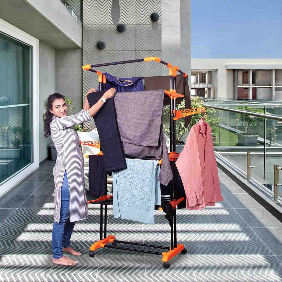 PARASNATH Luxury Black/Orange 3-Pole Steel Cloth Drying Stand with Smooth Breaking Wheels System – Heavy-Duty Durable Drying Rack for Indoor & Outdoor Use, Space-Saving Design, Made in India - PARASNATH
