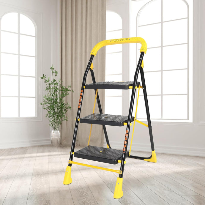 Parasnath 3 Step Yellow Diamond Mild Steel Foldable Ladder for Home - Wide Anti Skid Plastic Step Ladder for Extra Gripping (Yellow & Black Colour) 3.3 FT Ladder - Made in India - PARASNATH