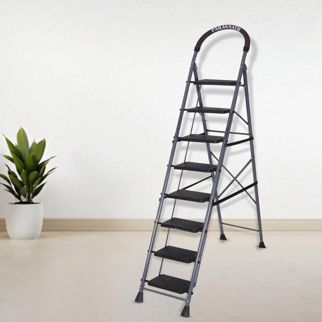Parasnath GoUp 8 Step Foldable Steel Grey Step Ladder – Heavy-Duty and Lightweight Step Ladder with Anti-Skid Wide Plastic Steps, Safety Handle, High Reach Platform for Home, Kitchen, Office, Warehouse Use - 6 Year Manufacturer Warranty - Made in India - PARASNATH