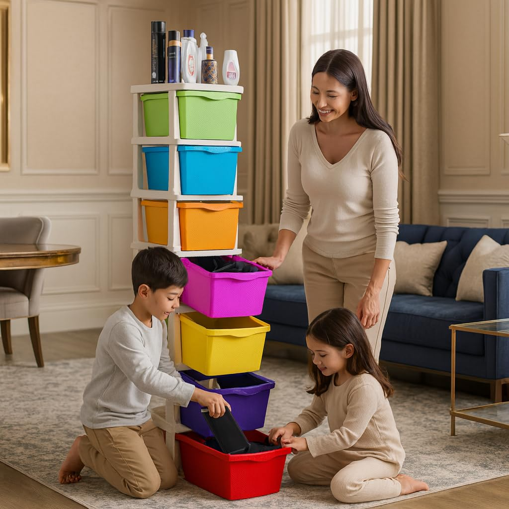 PARASNATH Boxo 7 Layer (Multicolour) Multi-Purpose Modular Drawer Storage System for Home and Office with Trolley Wheels and Anti-Slip Shoes - PARASNATH