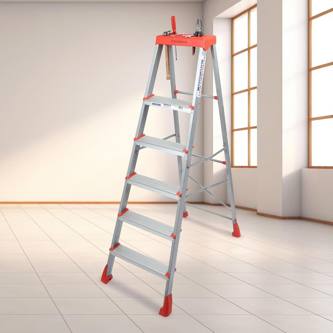 PARASNATH 5 Step EasyDay Folding Ladder – Durable Aluminium Step Ladder with Tool Tray, Non-Slip Steps, Lightweight and Compact for Home, Kitchen, Office Use – 6 Year Warranty – Made in India (Orange & Silver Color) - PARASNATH