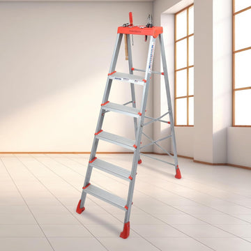 PARASNATH 5 Step EasyDay Folding Ladder – Durable Aluminium Step Ladder with Tool Tray, Non-Slip Steps, Lightweight and Compact for Home, Kitchen, Office Use – 6 Year Warranty – Made in India (Orange & Silver Color) - PARASNATH