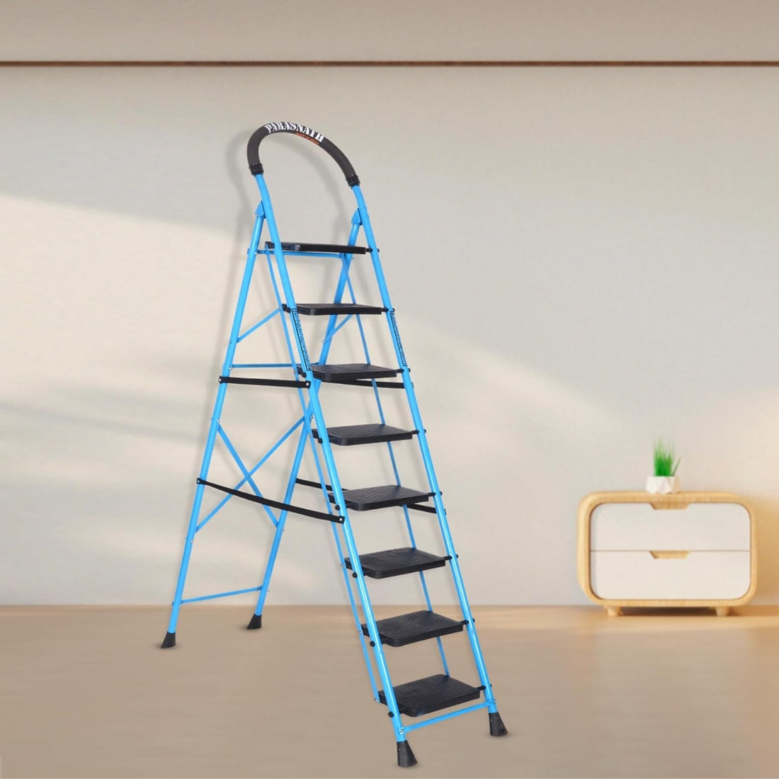 Parasnath GoUp 8 Step Foldable Steel Blue Step Ladder – Heavy-Duty and Lightweight Step Ladder with Anti-Skid Wide Plastic Steps, Safety Handle, High Reach Platform for Home, Kitchen, Office, Warehouse Use - 6 Year Manufacturer Warranty - Made in India - PARASNATH