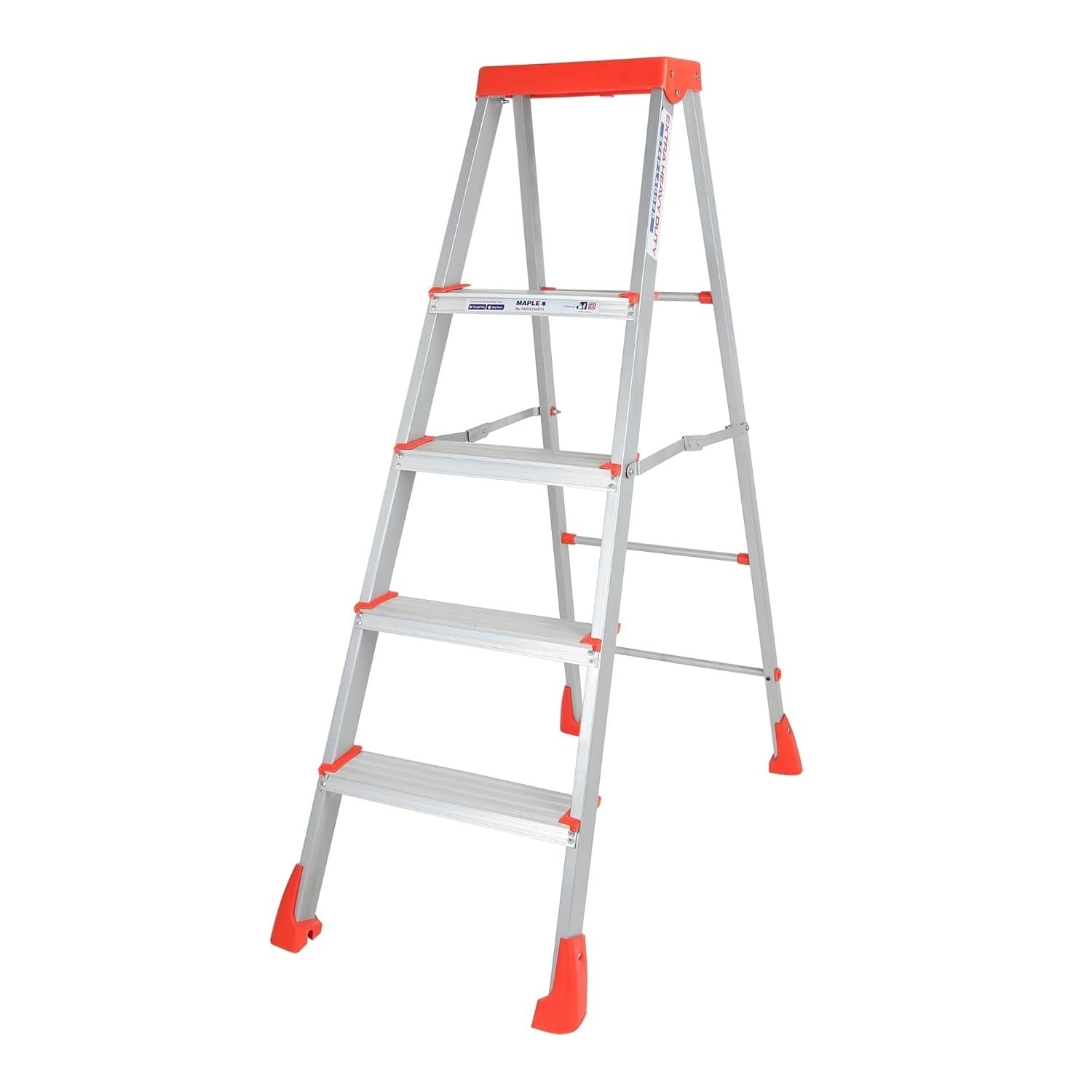 Parasnath 4 Step EasyDay Folding Ladder – Durable Aluminium Step Ladder with Tool Tray, Non-Slip Steps, Lightweight and Compact for Home, Kitchen, Office Use – 6 Year Warranty – Made in India (Orange & Silver Color) - PARASNATH