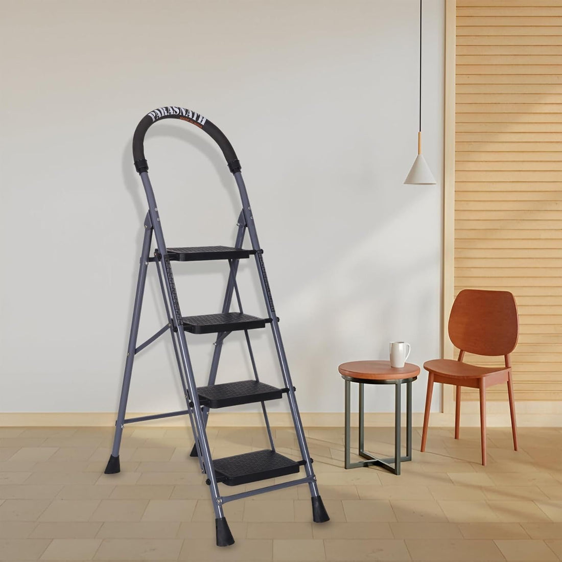 Parasnath GoUp 4 Step Foldable Steel Grey Step Ladder – Heavy-Duty and Lightweight Step Ladder with Anti-Skid Wide Plastic Steps, Safety Handle, High Reach Platform for Home, Kitchen, Office, Warehouse Use - 6 Year Manufacturer Warranty - Made in India - PARASNATH