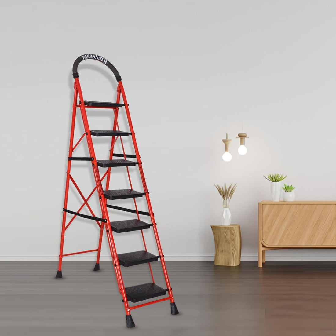 Parasnath GoUp 7 Step Foldable Steel Red Step Ladder – Heavy-Duty and Lightweight Step Ladder with Anti-Skid Wide Plastic Steps, Safety Handle, High Reach Platform for Home, Kitchen, Office, Warehouse Use - 6 Year Manufacturer Warranty - Made in India - PARASNATH