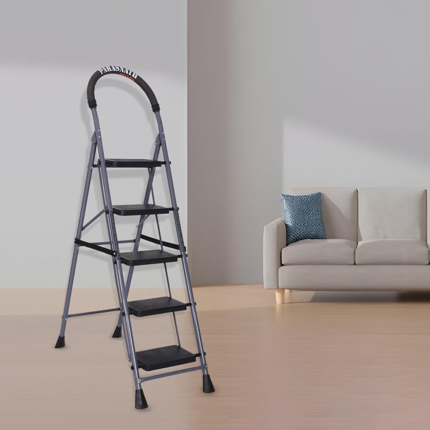 Parasnath GoUp 5 Step Foldable Steel Grey Step Ladder – Heavy-Duty and Lightweight Step Ladder with Anti-Skid Wide Plastic Steps, Safety Handle, High Reach Platform for Home, Kitchen, Office, Warehouse Use - 6 Year Manufacturer Warranty - Made in India - PARASNATH