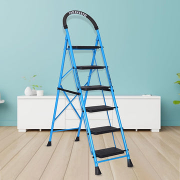 Parasnath GoUp 6 Step Foldable Steel Blue Step Ladder – Heavy-Duty and Lightweight Step Ladder with Anti-Skid Wide Plastic Steps, Safety Handle, High Reach Platform for Home, Kitchen, Office, Warehouse Use - 6 Year Manufacturer Warranty - Made in India - PARASNATH