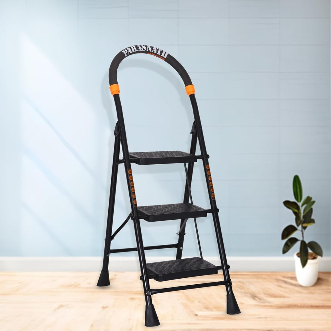 Parasnath GoUp 3 Step Foldable Steel Black Step Ladder – Heavy-Duty and Lightweight Step Ladder with Anti-Skid Wide Plastic Steps, Safety Handle, High Reach Platform for Home, Kitchen, Office, Warehouse Use - 6 Year Manufacturer Warranty - Made in India - PARASNATH