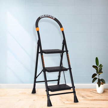 Parasnath GoUp 3 Step Foldable Steel Black Step Ladder – Heavy-Duty and Lightweight Step Ladder with Anti-Skid Wide Plastic Steps, Safety Handle, High Reach Platform for Home, Kitchen, Office, Warehouse Use - 6 Year Manufacturer Warranty - Made in India - PARASNATH