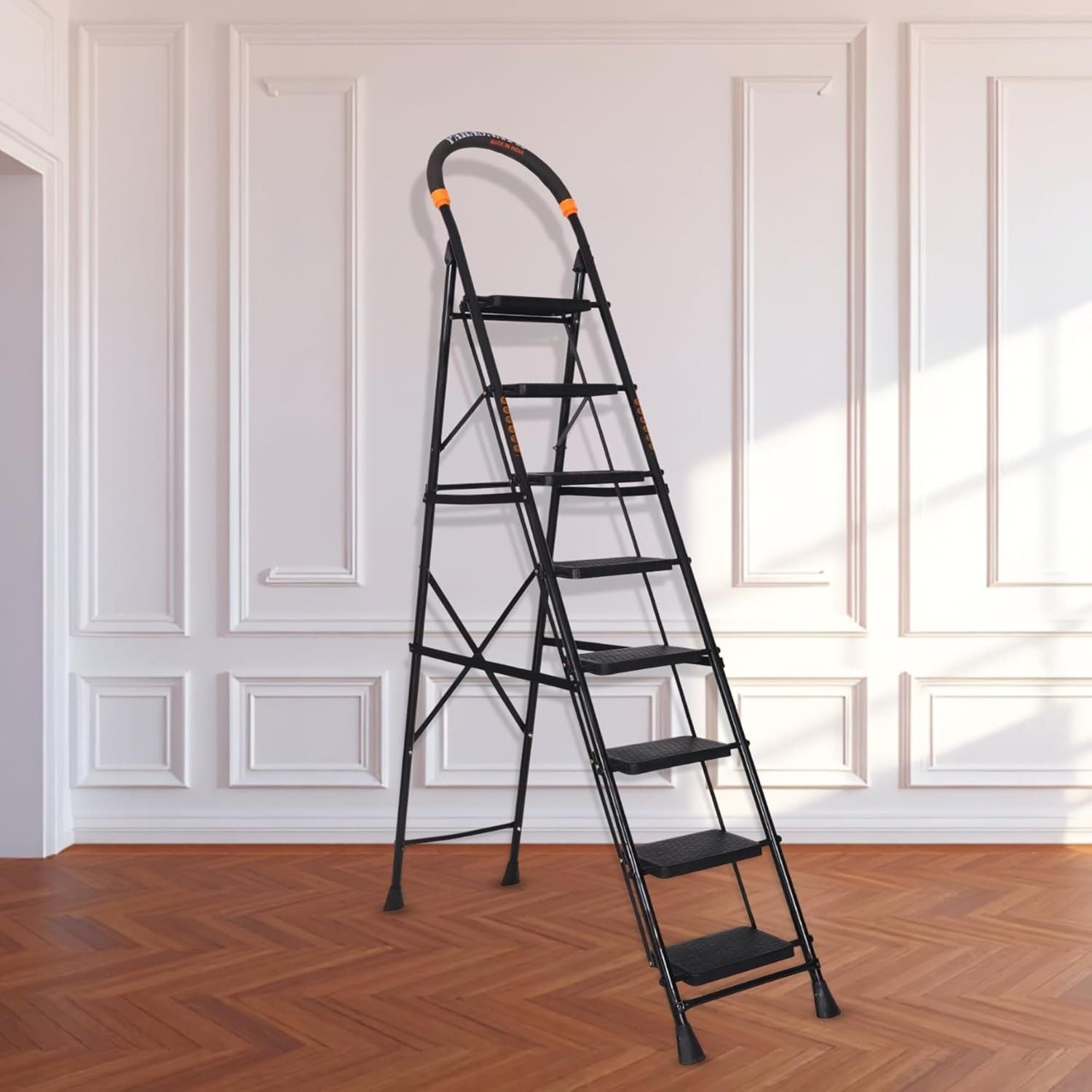 Parasnath GoUp 8 Step Foldable Steel Black Step Ladder – Heavy-Duty and Lightweight Step Ladder with Anti-Skid Wide Plastic Steps, Safety Handle, High Reach Platform for Home, Kitchen, Office, Warehouse Use - 6 Year Manufacturer Warranty - Made in India - PARASNATH