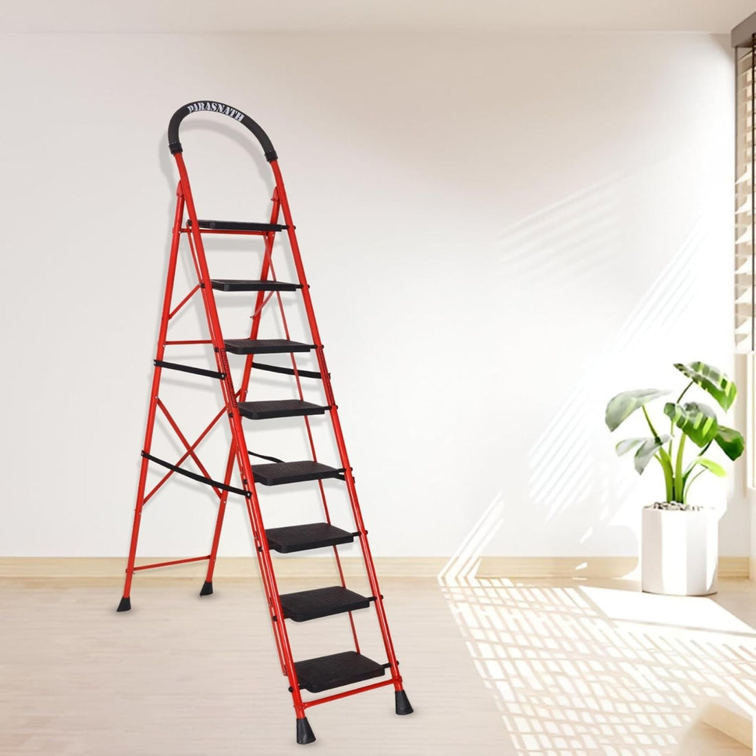 Parasnath GoUp 8 Step Foldable Steel Red Step Ladder – Heavy-Duty and Lightweight Step Ladder with Anti-Skid Wide Plastic Steps, Safety Handle, High Reach Platform for Home, Kitchen, Office, Warehouse Use - 6 Year Manufacturer Warranty - Made in India - PARASNATH
