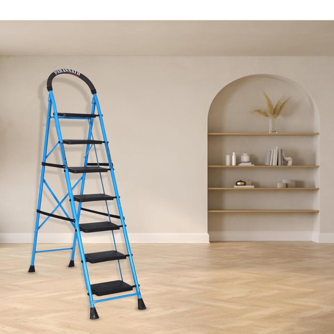 Parasnath GoUp 7 Step Foldable Steel Blue Step Ladder – Heavy-Duty and Lightweight Step Ladder with Anti-Skid Wide Plastic Steps, Safety Handle, High Reach Platform for Home, Kitchen, Office, Warehouse Use - 6 Year Manufacturer Warranty - Made in India - PARASNATH