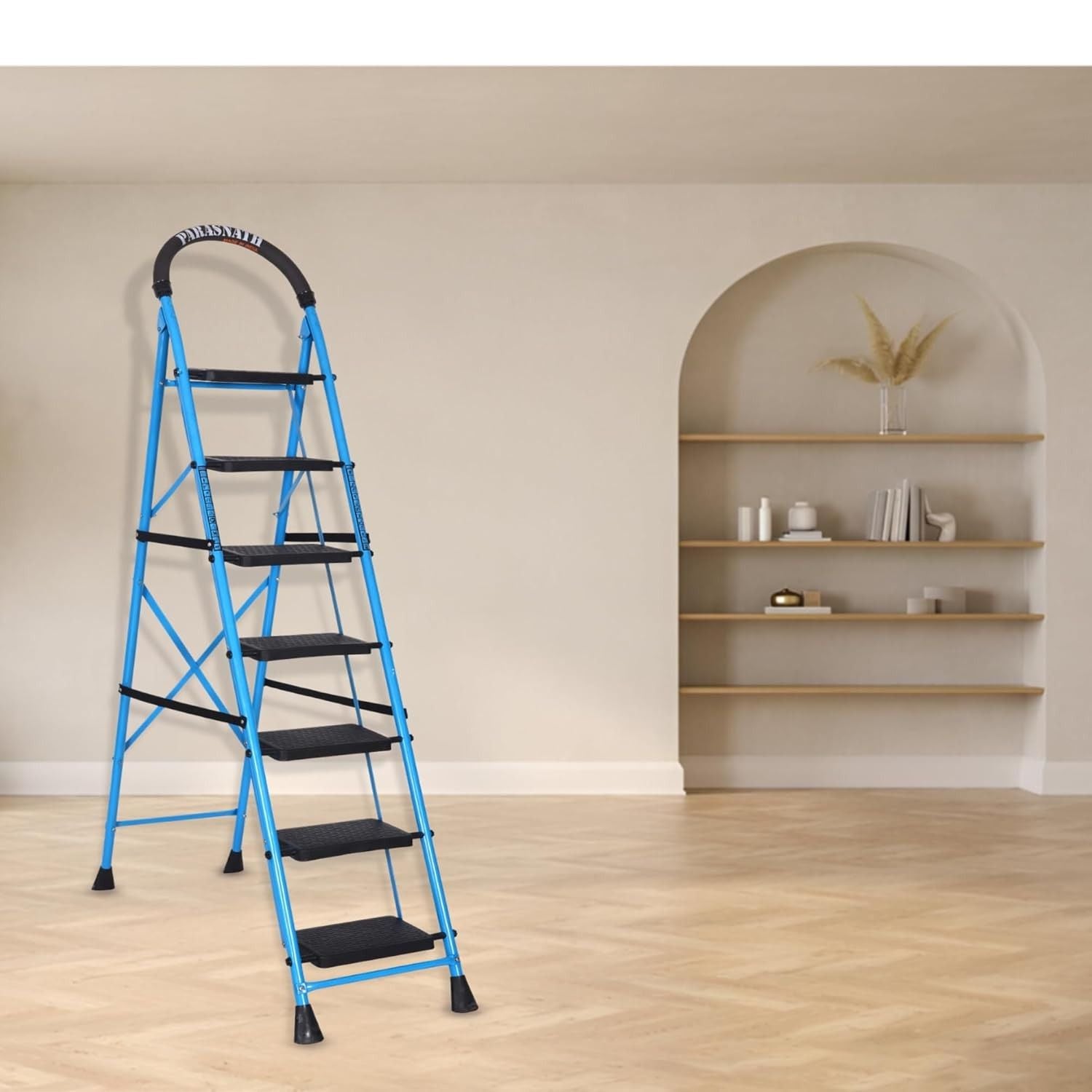 Parasnath GoUp 7 Step Foldable Steel Blue Step Ladder – Heavy-Duty and Lightweight Step Ladder with Anti-Skid Wide Plastic Steps, Safety Handle, High Reach Platform for Home, Kitchen, Office, Warehouse Use - 6 Year Manufacturer Warranty - Made in India - PARASNATH