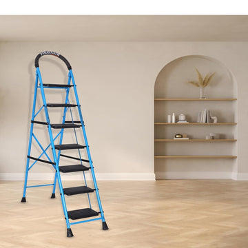 Parasnath GoUp 7 Step Foldable Steel Blue Step Ladder – Heavy-Duty and Lightweight Step Ladder with Anti-Skid Wide Plastic Steps, Safety Handle, High Reach Platform for Home, Kitchen, Office, Warehouse Use - 6 Year Manufacturer Warranty - Made in India - PARASNATH