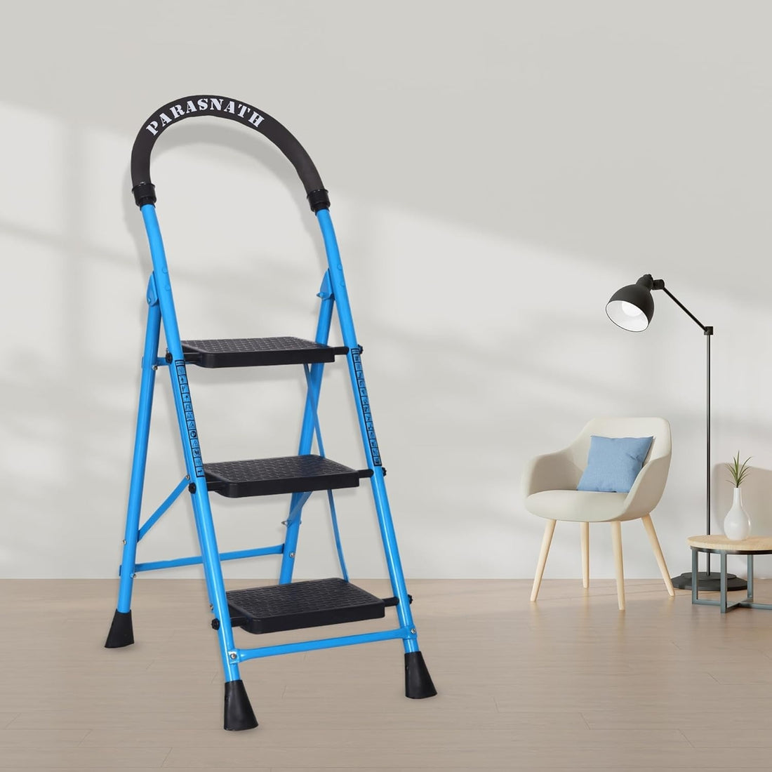 Parasnath GoUp 3 Step Foldable Steel Blue Step Ladder – Heavy-Duty and Lightweight Step Ladder with Anti-Skid Wide Plastic Steps, Safety Handle, High Reach Platform for Home, Kitchen, Office, Warehouse Use - 6 Year Manufacturer Warranty - Made in India - PARASNATH
