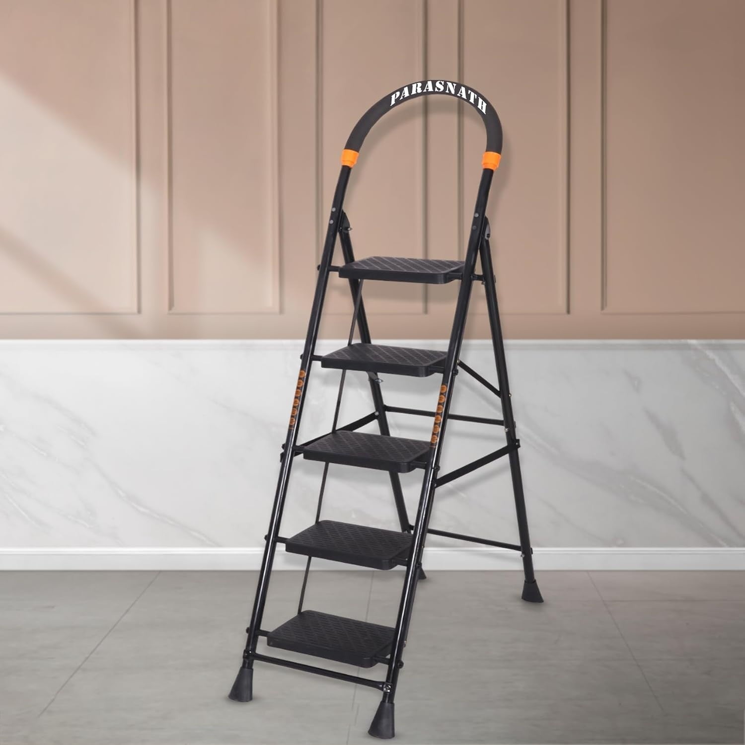 Parasnath GoUp 5 Step Foldable Steel Black Step Ladder – Heavy-Duty and Lightweight Step Ladder with Anti-Skid Wide Plastic Steps, Safety Handle, High Reach Platform for Home, Kitchen, Office, Warehouse Use - 6 Year Manufacturer Warranty - Made in India - PARASNATH