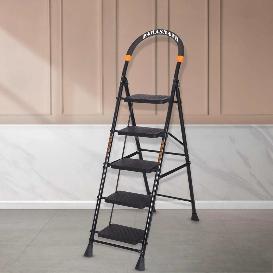 Parasnath GoUp 5 Step Foldable Steel Black Step Ladder – Heavy-Duty and Lightweight Step Ladder with Anti-Skid Wide Plastic Steps, Safety Handle, High Reach Platform for Home, Kitchen, Office, Warehouse Use - 6 Year Manufacturer Warranty - Made in India - PARASNATH
