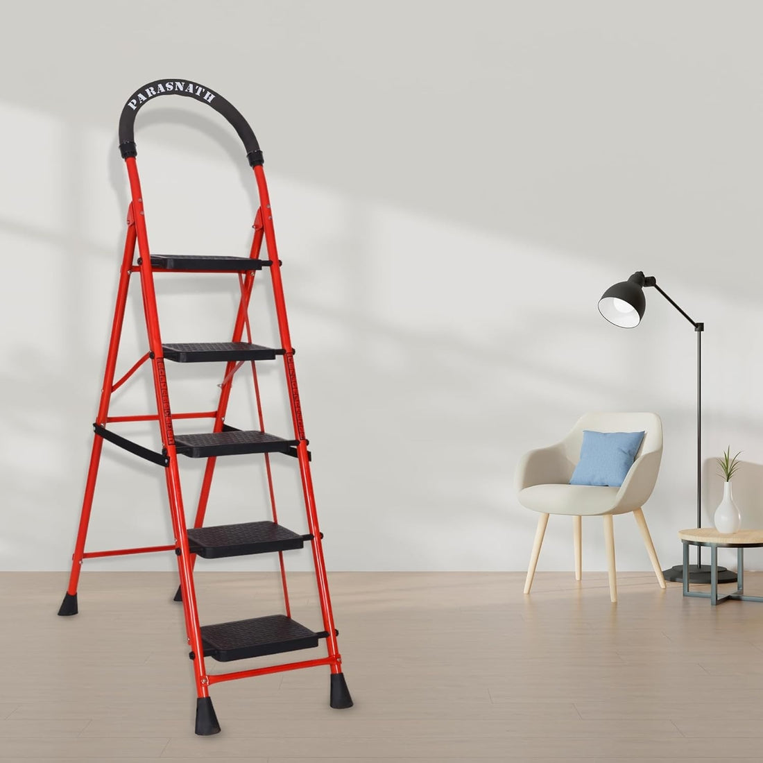 Parasnath GoUp 5 Step Foldable Steel Red Step Ladder – Heavy-Duty and Lightweight Step Ladder with Anti-Skid Wide Plastic Steps, Safety Handle, High Reach Platform for Home, Kitchen, Office, Warehouse Use - 6 Year Manufacturer Warranty - Made in India - PARASNATH