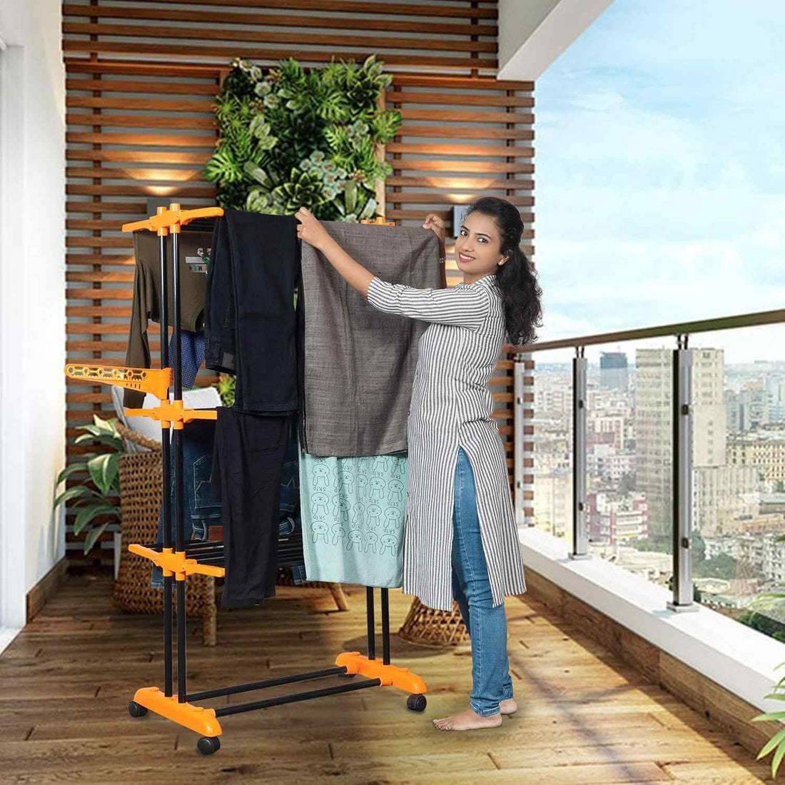 PARASNATH Luxury Black/Orange 2-Pole Steel Cloth Drying Stand with Smooth Breaking Wheels System – Heavy-Duty Durable Drying Rack for Indoor & Outdoor Use, Space-Saving Design, Made in India - PARASNATH