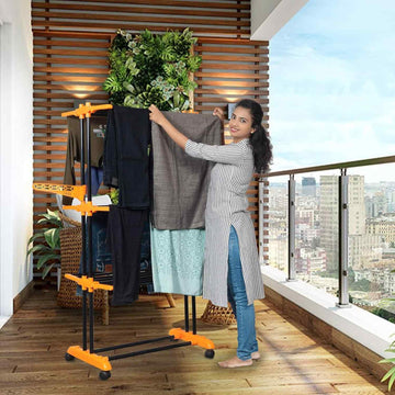 PARASNATH Luxury Black/Orange 2-Pole Steel Cloth Drying Stand with Smooth Breaking Wheels System – Heavy-Duty Durable Drying Rack for Indoor & Outdoor Use, Space-Saving Design, Made in India - PARASNATH