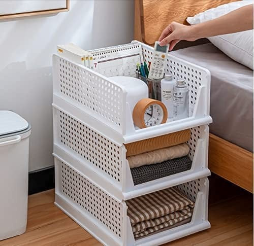 PARASNATH Stylera Extra Large Wardrobe Organizer for Clothes – Foldable & Stackable Storage Box with Lid | Closet Organizer Bin for Clothes, Sarees, Toys, Bedsheets & More Organizer – White Color (Set of 3) - PARASNATH