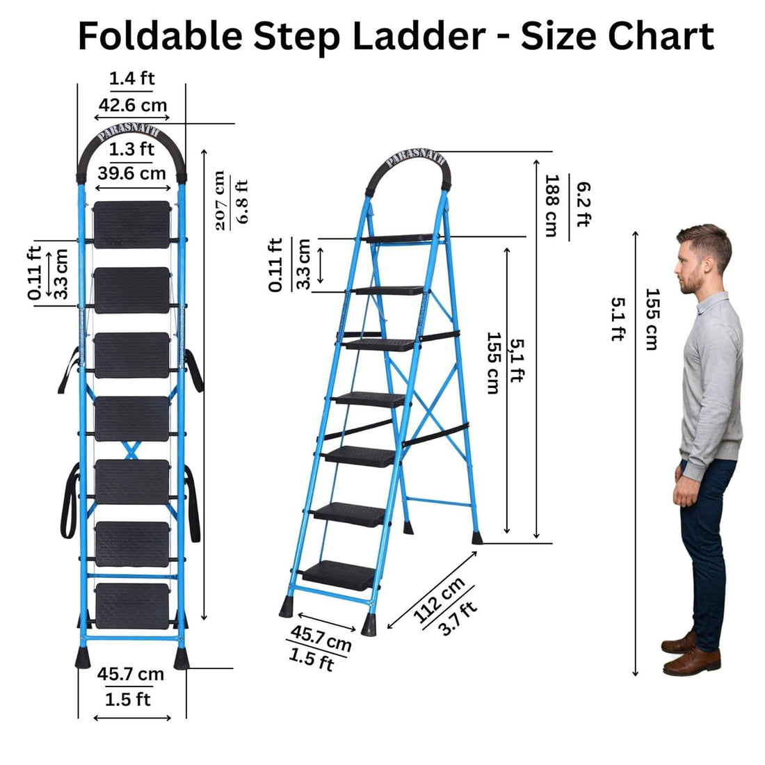 Parasnath GoUp 7 Step Foldable Steel Blue Step Ladder – Heavy-Duty and Lightweight Step Ladder with Anti-Skid Wide Plastic Steps, Safety Handle, High Reach Platform for Home, Kitchen, Office, Warehouse Use - 6 Year Manufacturer Warranty - Made in India - PARASNATH