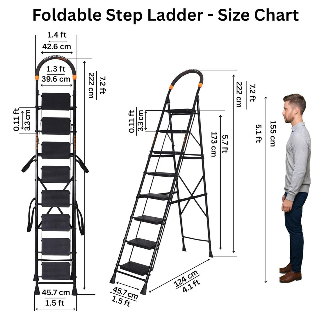 Parasnath GoUp 8 Step Foldable Steel Black Step Ladder – Heavy-Duty and Lightweight Step Ladder with Anti-Skid Wide Plastic Steps, Safety Handle, High Reach Platform for Home, Kitchen, Office, Warehouse Use - 6 Year Manufacturer Warranty - Made in India - PARASNATH